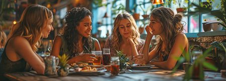 Friendship book discussion with women at a restaurant tableの素材
