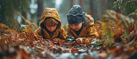 young children using a magnifying glass to explore a forestの素材