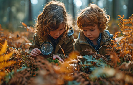 young children using a magnifying glass to explore a forestの素材