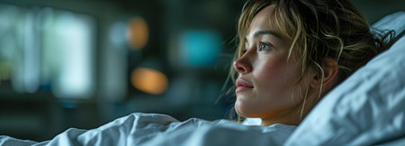 A blurry image of a white woman lying in a hospital bedの素材