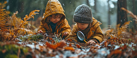 young children using a magnifying glass to explore a forestの素材