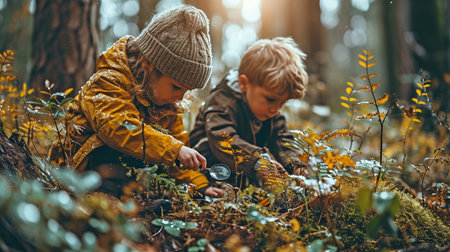 young children using a magnifying glass to explore a forestの素材