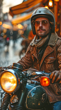 an adult male in the city riding a moped,の素材