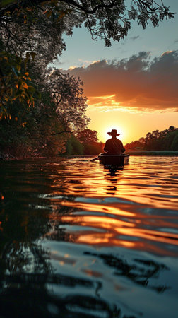 silhouette of a lakeside fisherman at duskの素材