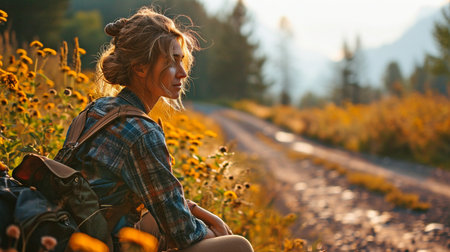 woman admiring the scenery and the road from the window of her automobile. A content woman driving a car during the summerの素材