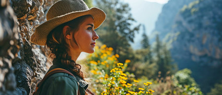 woman admiring the scenery and the road from the window of her automobile. A content woman driving a car during the summerの素材