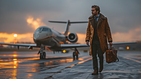 A businessman was approaching an aircraft that was parked on the runway.の素材