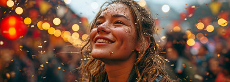 action picture of a young, Caucasian woman using ticker tape and pals to celebrate International Women's Dayの素材