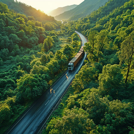Driving a truck through a dense woodland on the highwayの素材