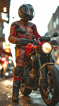 A motorcyclist wearing a safety suit Beside a motorbike that is speedingの素材