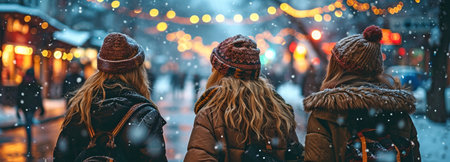 Happy winter holidays, my various, young pals. Millennials enjoying themselves in a European city while on a Christmas vacation.の素材