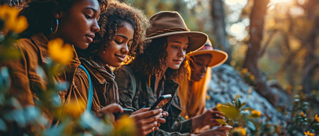 Young, content buddies utilising their smartphones in unison outside. Adolescents of different races enjoying themselves together while sharing social media content on a mobile appの素材