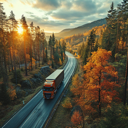 Driving a truck through a dense woodland on the highwayの素材
