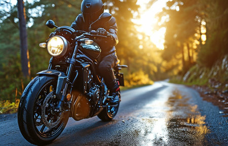 A motorcyclist wearing a safety suit Beside a motorbike that is speedingの素材