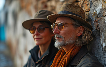 Charming elderly couple on vacation in the city streets enjoying each other's company. Elderly couples enjoying a leisurely weekend or holiday while touring a European cityの素材