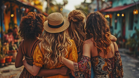 Back view of a young, contented group of friends from different ethnic backgrounds standing in a row and gazing up at the blue sky.の素材