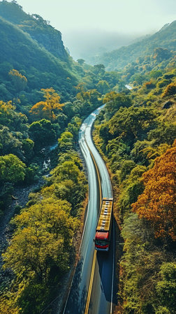 Driving a truck through a dense woodland on the highwayの素材