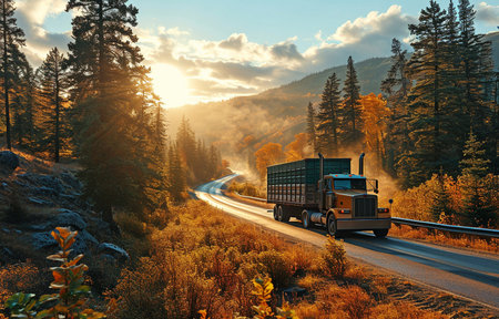 Driving a truck through a dense woodland on the highwayの素材