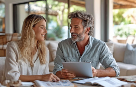 An interior designer consults with a couple in the dining room using a digital tablet.の素材