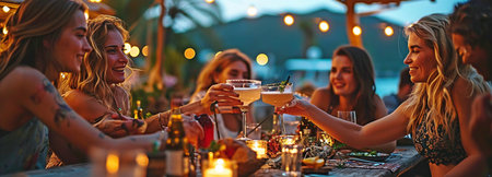 Young folks with a lot of energy toasting cocktails during a rooftop partyの素材