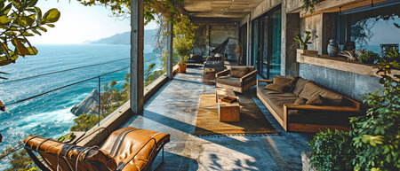 Lounge seats with a seaside view from the balconyの素材