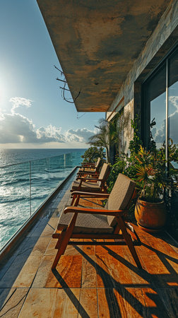 Lounge seats with a seaside view from the balconyの素材