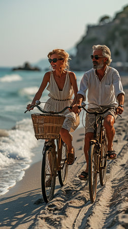 An elderly couple cycling on the beachの素材