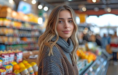 A woman checking out of a grocery storeの素材