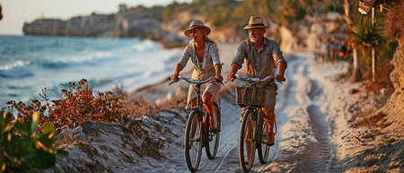 An elderly couple cycling on the beachの素材