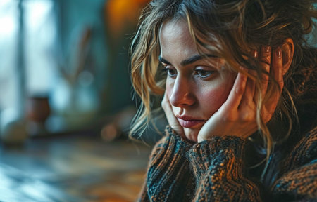 tense businesswoman at her desk, her hands clasped togetherの素材
