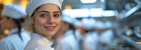 Students observing the chef instructor in the classroomの素材
