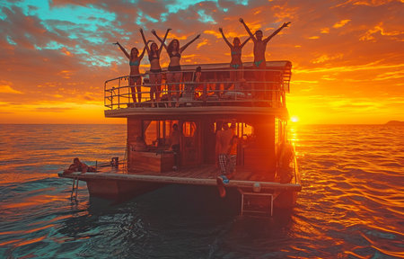 Friends in their twenties leaping from a vacation houseboat into the setting oceanの素材