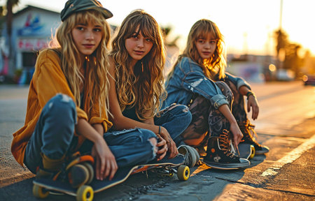 Teenage girls at a skate park, texting while on their skateboardsの素材