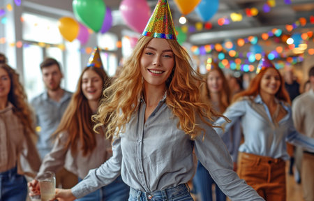 Corporate folks dancing in a conga queue at the conference room window while sporting party hatsの素材