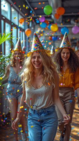 Corporate folks dancing in a conga queue at the conference room window while sporting party hatsの素材