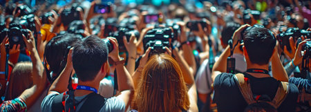 Camera phone users in the crowd at the technology conferenceの素材