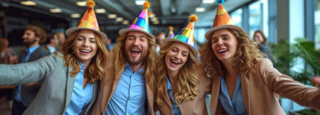 Corporate folks dancing in a conga queue at the conference room window while sporting party hatsの素材