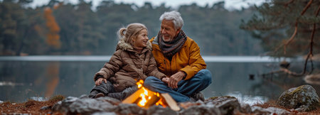 Grandparents and their grandchildren enjoying a bonfire beside a bright lake in the woodsの素材