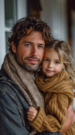 A contented father strolls his daughter across the porch.の素材
