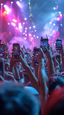 Camera phone users in the crowd at the technology conferenceの素材