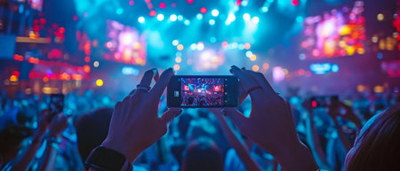 Camera phone users in the crowd at the technology conferenceの素材