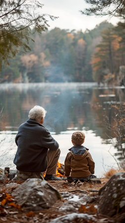 Grandparents and their grandchildren enjoying a bonfire beside a bright lake in the woodsの素材