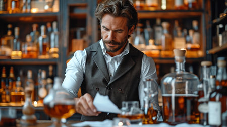 A sober, well-dressed barman inspects whiskyの素材