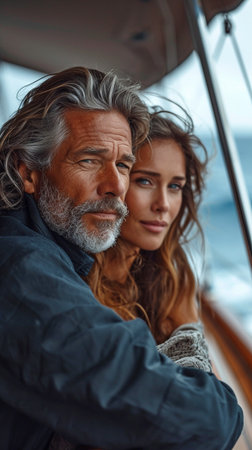 Old buddies relaxing on a sailboat in a beautiful seaの素材