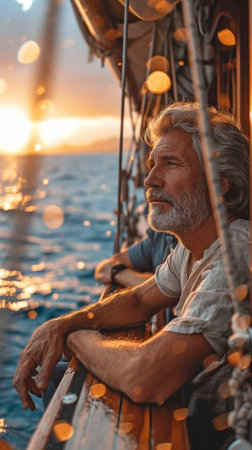 Old buddies relaxing on a sailboat in a beautiful seaの素材