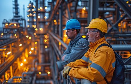 Supervisors conversing on a platform above the steel millの素材