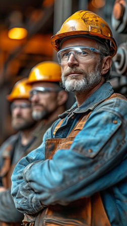In a manufacturing meeting, steel workers are listening to the manager.の素材
