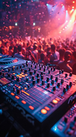 DJ mixing in a nightclub with a throng of dancersの素材