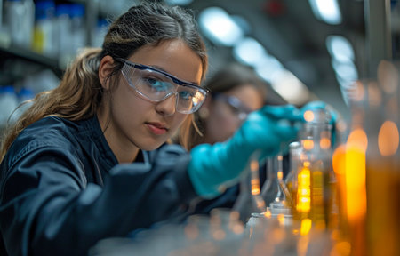 College students in a science lab setting conducting an experimentの素材