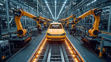 Robot assembly line and automation in car manufacturing create electrified trucksの素材